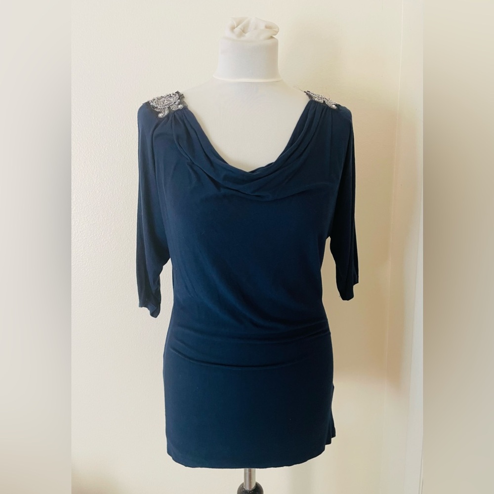 B’leev Vintage Women Top L Navy Blue Embellished Elegant Sophisticated